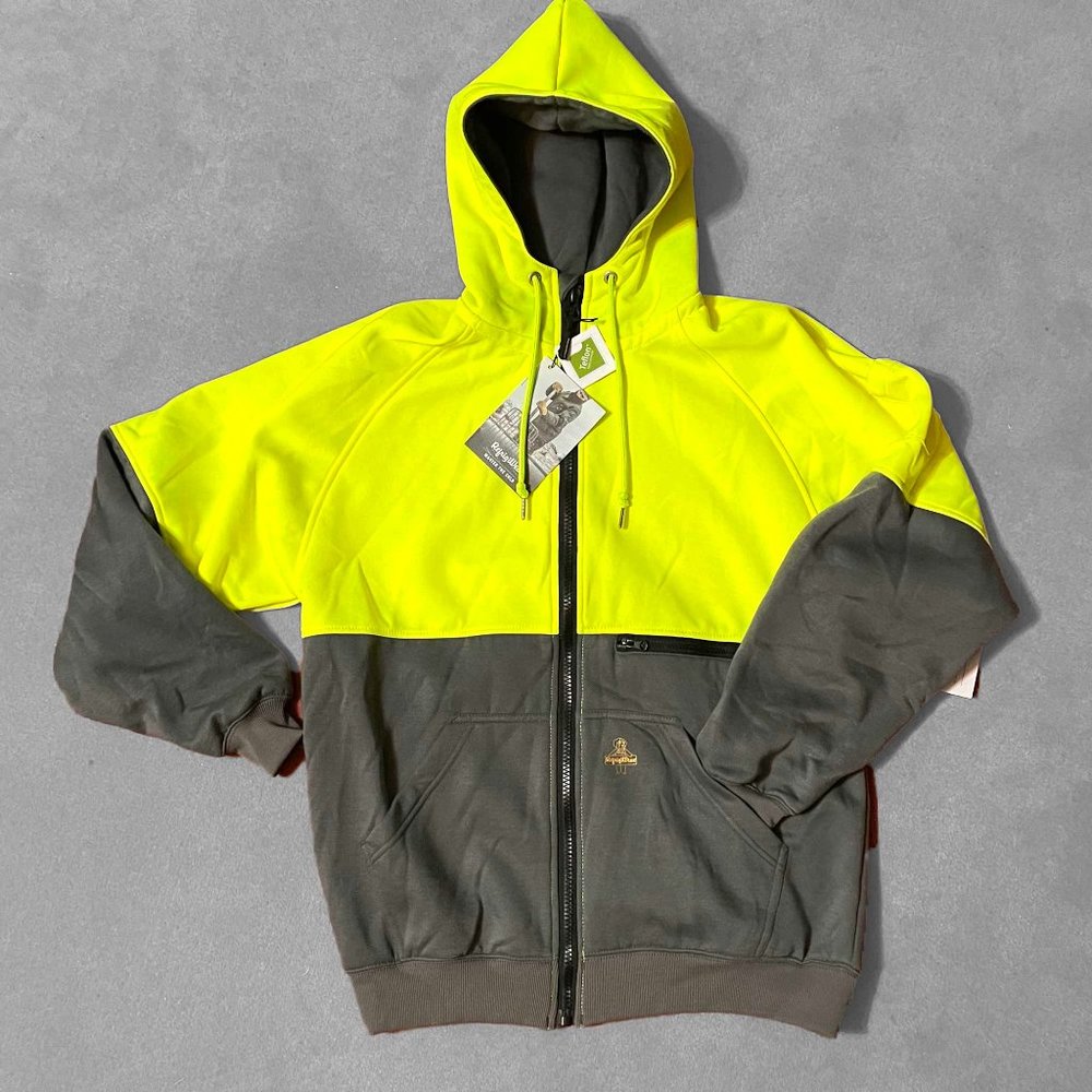 RefrigiWear DOUBLE-THICK HOODIE HiVis Lime/Grey Super Warm Sweatshirt LARGE